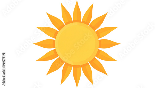 A bright stylized sun with radiant golden rays and a glowing center shines against a clean background, symbolizing warmth, energy, and clear sunny weather