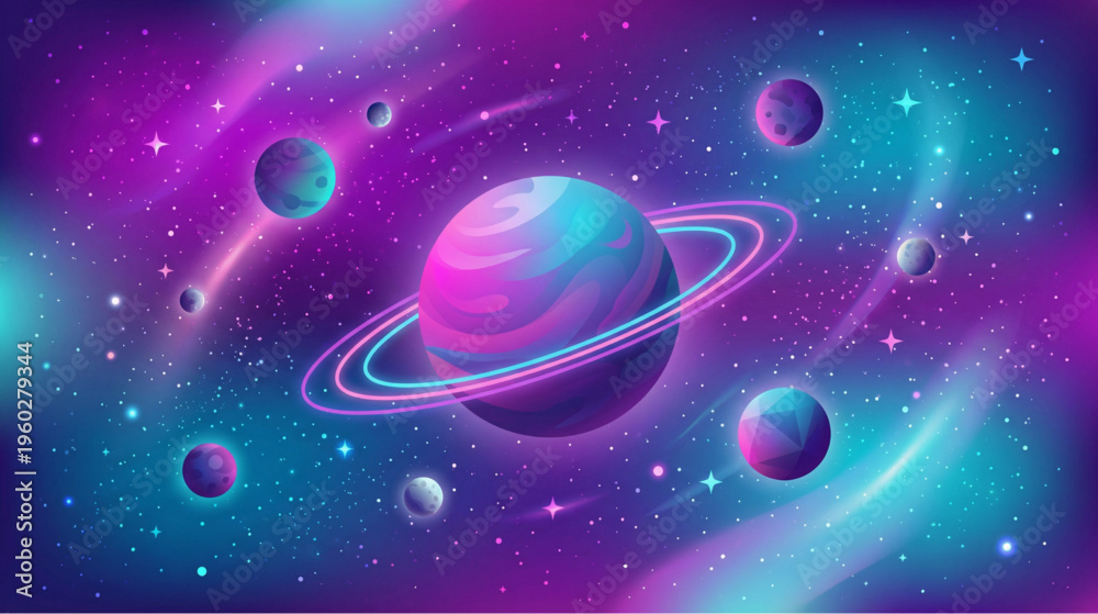 Fototapeta premium Colorful galaxy illustration with ringed planet and stars in vibrant cosmic style.