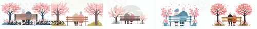 vector old couple sitting together on a park bench in spring cherry blossom atmosphere back view