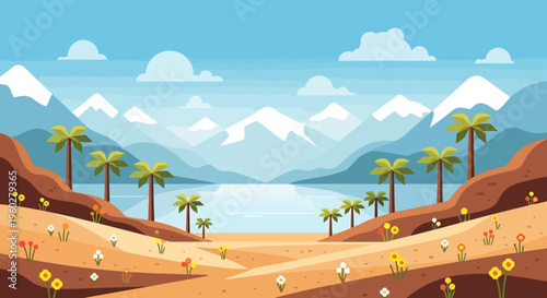 Vibrant Tropical Landscape with Palm Trees, Mountains, and a Serene Lake