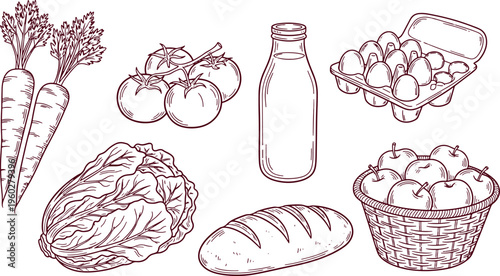 Fresh Farm Produce and Healthy Grocery Essentials for Kitchen Cooking Hand Drawn Vector Illustration Doodle Art
