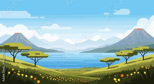 Volcanic Landscape with Lake and Savanna Trees, Flat Design