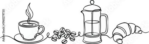 One Line Drawing of Coffee Breakfast with French Press and Croissant