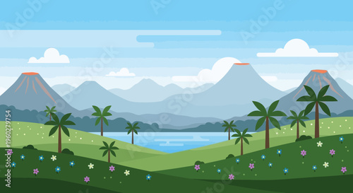 Volcanic Landscape with Palm Trees and Lake