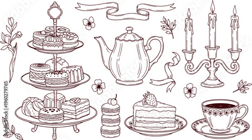 Vintage tea party set with teapot cupcakes cake stand and elegant candles for invitations and scrapbook design hand-drawn vector illustration doodle art