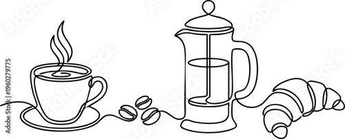 Minimalist Coffee Cup French Press and Croissant One Line Drawing