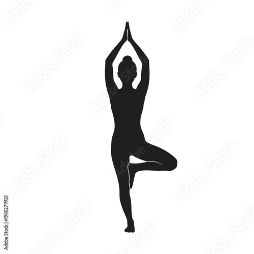 Woman silhouette in balancing yoga tree pose