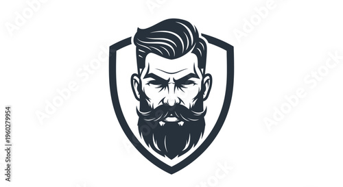 Stylized bearded man head in shield logo icon design