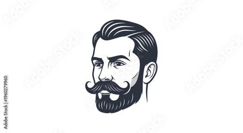 Stylish man head portrait with beard and curled mustache