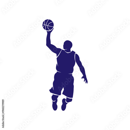 Slam dunking basketball player silhouette on white background
