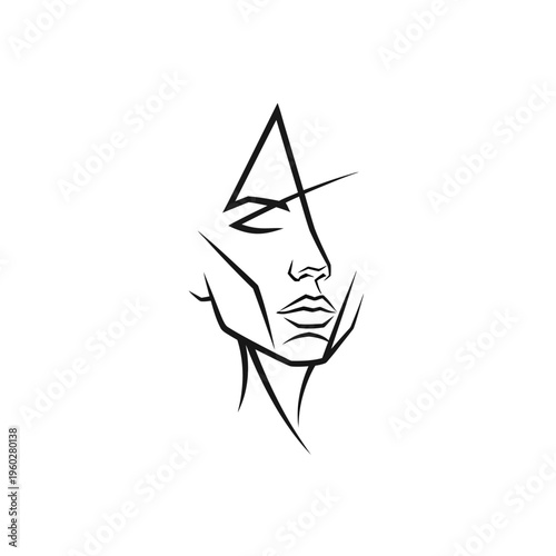 Minimalist line art profile of a woman's face with geometric elements
