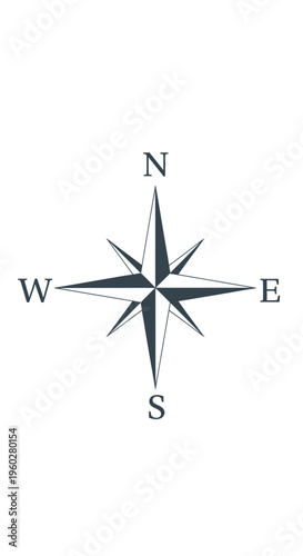 Minimalist compass rose with cardinal directions on white background