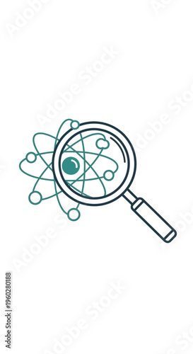 Magnifying glass examining atom structure science icon
