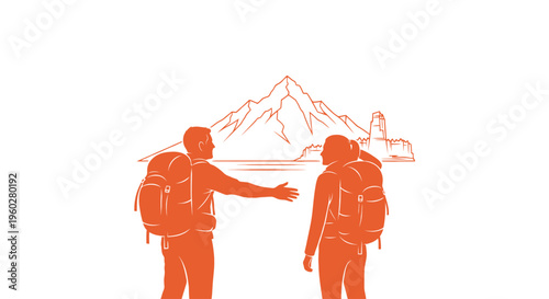 Hikers with backpacks exploring ancient mountain ruins