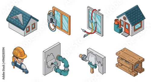 Isometric icons depicting home construction, renovation, and repair services