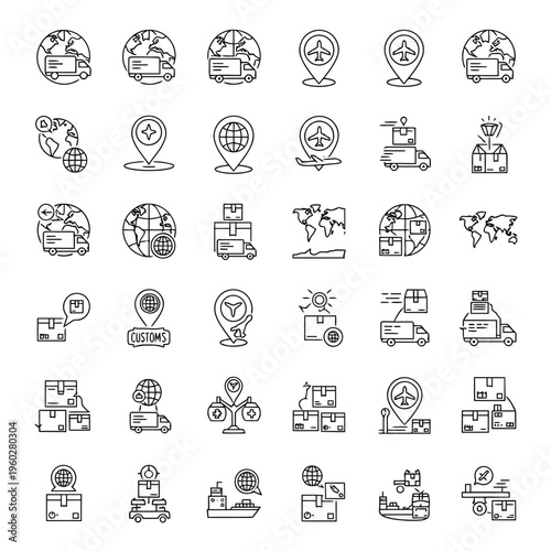 Logistics icons, transportation symbols, map markers, global delivery signs, 40 navigation graphics