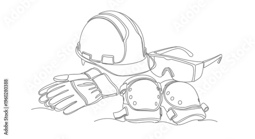 Continuous line art of safety work equipment items