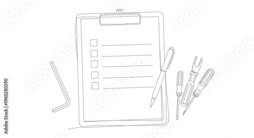 Clipboard checklist with repair tools line art illustration