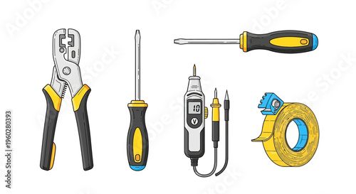 Common electrical and hand tools set illustration on white