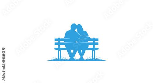 Blue silhouette of loving couple sitting on park bench