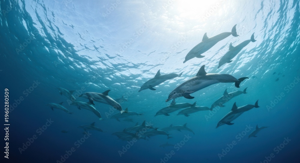 Obraz premium Underwater shot of dolphins swimming upwards towards the sunlight