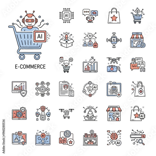 E-commerce icons, AI shopping cart, online store, digital retail