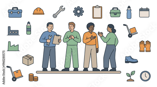 Construction Worker at Site with Building Tools and Industrial Safety Icons