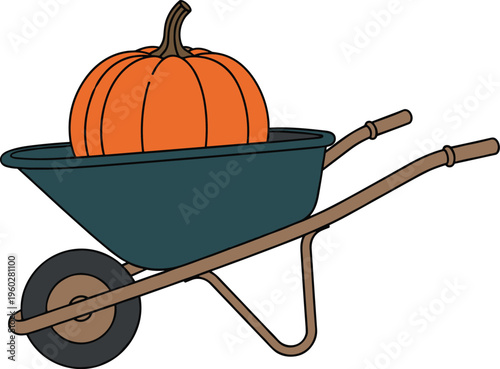 cartoon pumpkin in garden wheelbarrow, autumn harvest farming illustration, halloween seasonal agriculture concept isolated on white background clipart vector design