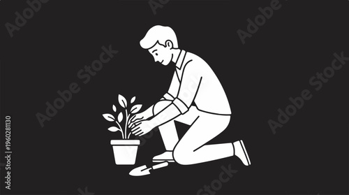 Man Planting a Small Potted Plant.
