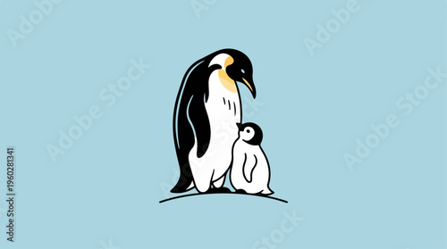 Penguin and chick standing together.