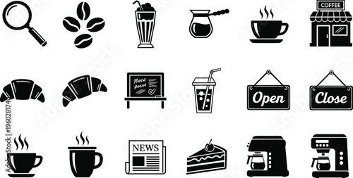 Coffee shop icon set, cafe beverage symbols collection, espresso drinks, bakery items, signage, barista equipment silhouettes vector