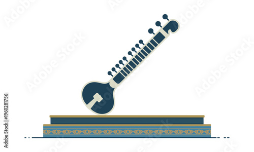 Minimal Stylized Sitar Illustration on Decorative Platform