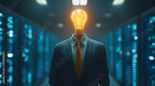 Man with glowing lightbulb head in server room representing innovation and technology.