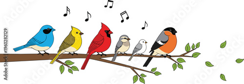 colorful birds sitting on tree branch singing with music notes, nature wildlife cartoon illustration isolated on white background