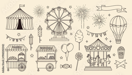 Vintage amusement park and summer carnival elements featuring ferris wheel carousel circus tent popcorn and fireworks hand-drawn vector illustration doodle art