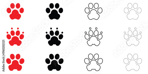 Paw print icon vector set, cat and dog animal paw print vector, silhouette and line art illustration
