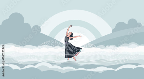 Graceful Dancer Amidst Ethereal Clouds And Gentle Waves