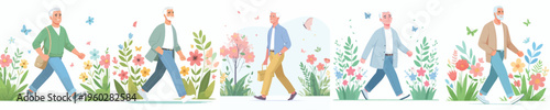 vector grandpa walking happy spring mood