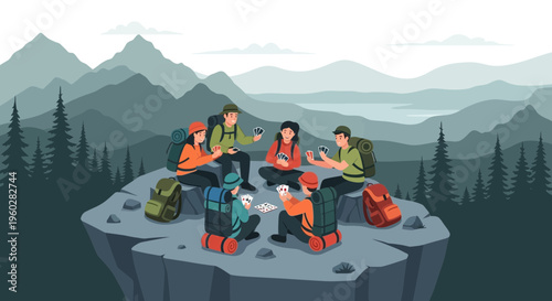 Group Of Friends Playing Cards On A Mountain Cliff Edge