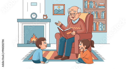 Grandfather Shares Stories And Wisdom With Eager Grandchildren By The Fireplace