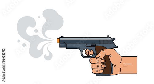 Hand Holding Firing Handgun Emitting Smoke Cartoon Style