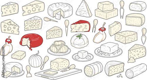 Variety of Cheese Types and Dairy Products Including Soft, Hard, and Semi-Hard Cheeses with Cheese Knives and Serving Platters for Culinary Designs