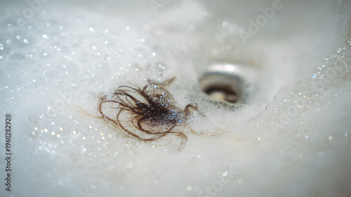 Household sink drain clogged with a mass of hair and soap bubbles
