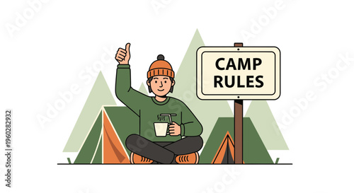 Happy Camper Enjoys Nature With Camp Rules Sign