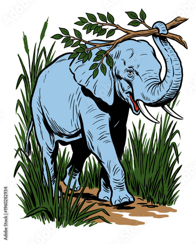 Detailed Illustration of an Elephant Carrying a Branch with Its Trunk in a Natural Grass Setting, Clean Line Art Style Suitable for Wildlife and Nature Themes