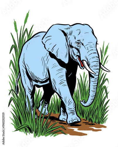 African Elephant Illustration Walking Through Tall Grass