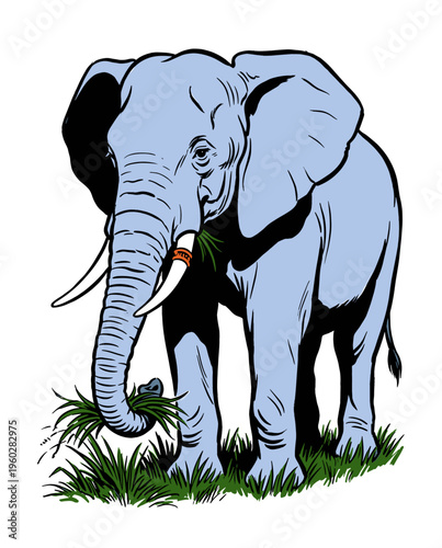 Blue African Elephant Illustration Grazing on Grass