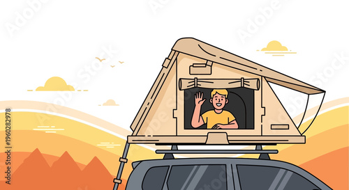 Happy Camper Waving From Rooftop Tent Adventure