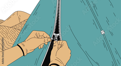 Hands Zipping Up A Tent Against A Desert Landscape In A Stylized Illustration