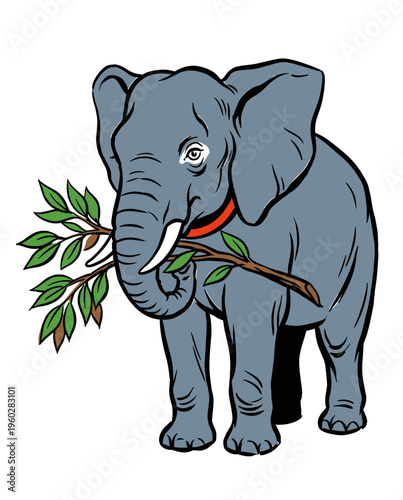 Cartoon Blue Elephant Holding Green Tree Branch Illustration